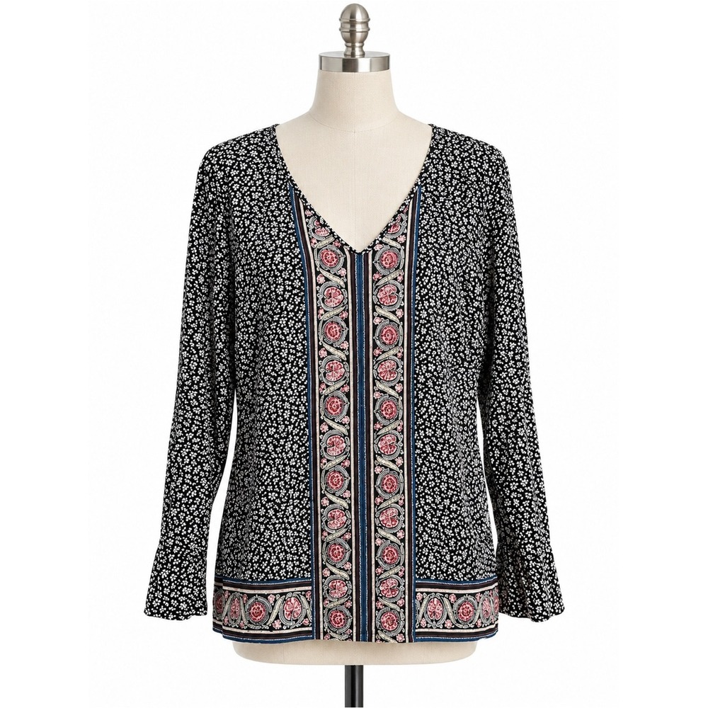 J. Jill Mixed Print V-Neck Top Women Large Black Floral Boho Long Sleeve
